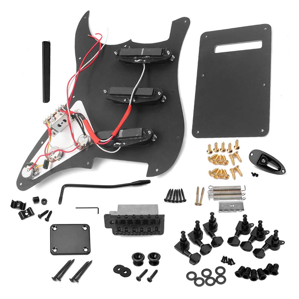 ST Style Electric Guitar Full Set DIY Accessory Kit with Pickguard SSS Pickups and Other Accessories Pre-Wired Bridge, (Black)