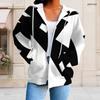 Women Plus Size Zip Up Hoodie Long Sleeve Black White Geometric Printed Drawstring Hood With Pockets