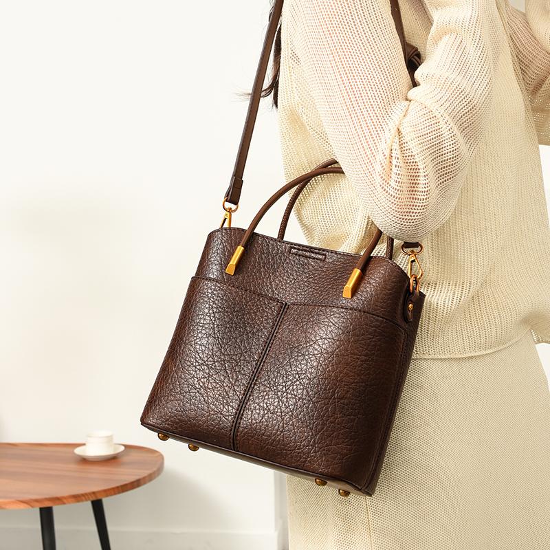 Women's PU Leather Tote Bag, Vintage Brown Bucket Handbag, Small Capacity Shoulder Crossbody Bag, Casual Daily Commuter Bag for Work Shopping Travel