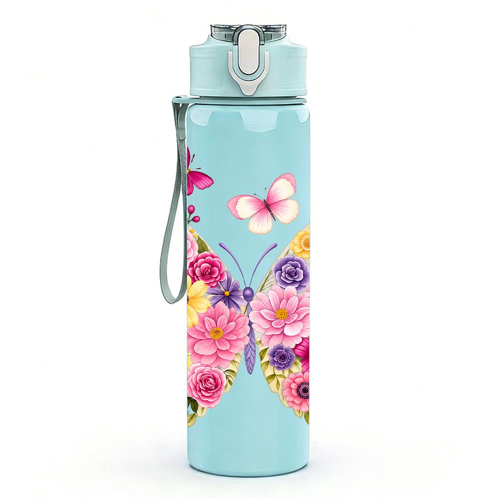 1PC Multi Pink Butterfly Bouquet 750ml Color Plastic Sports Water Bottle Leakproof Flip Straw Lid Suitable for Sports Office Home Use