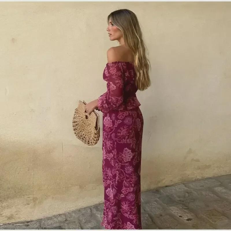 2024 Rose Red One-Shoulder Long-Sleeve Shirt & High-Waisted Skirt Set for Women