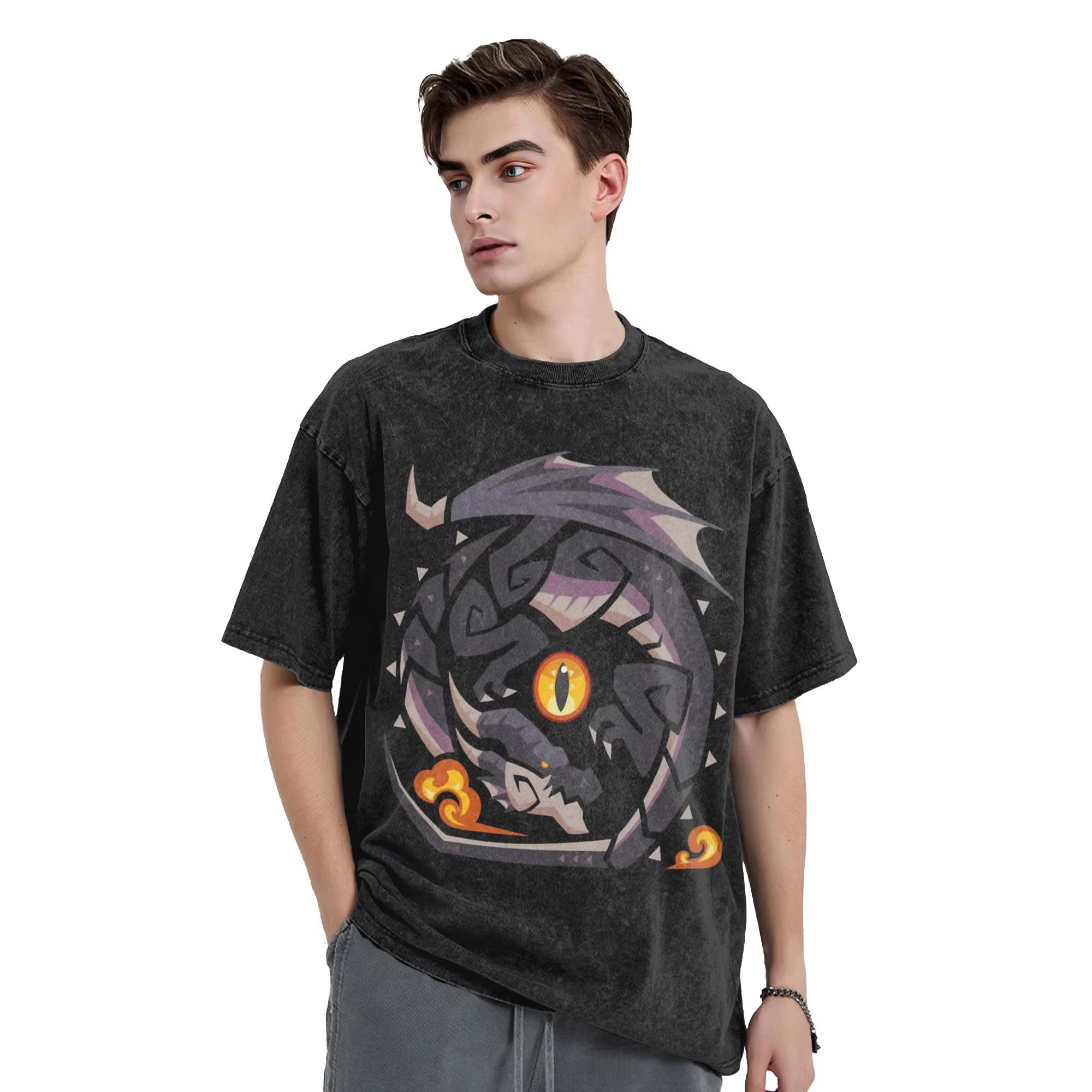 Fatalis Monster Hunter Game Washed T Shirt Streetwear T-Shirt Tees Men Women Short Sleeve Graphic Printed S