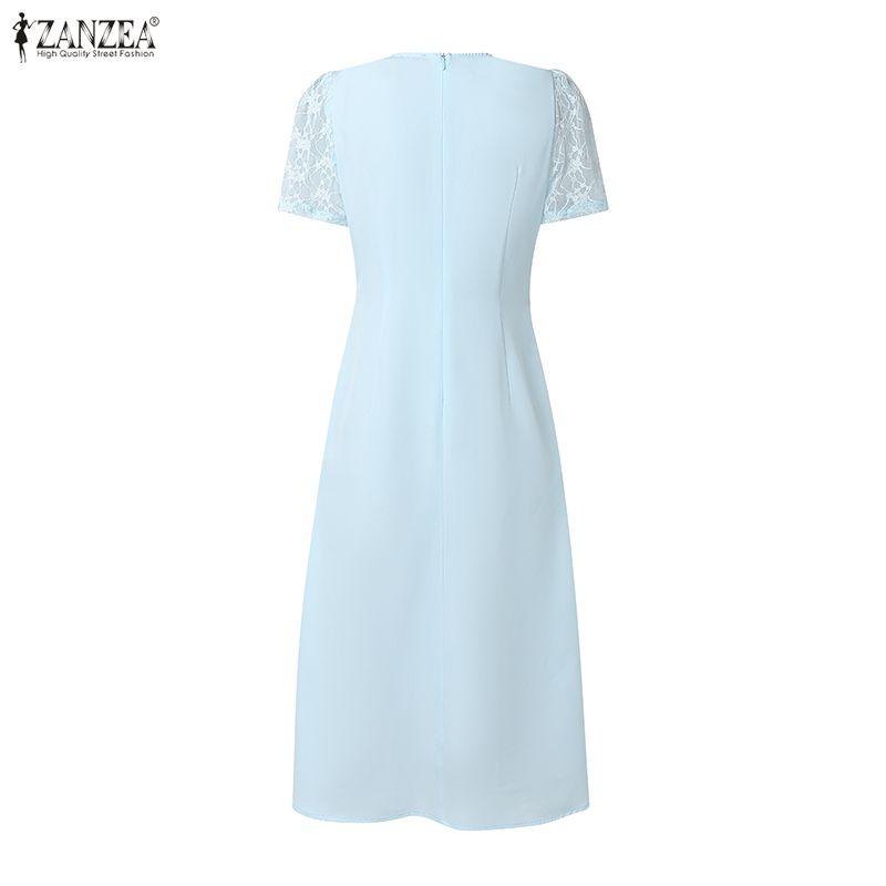 ZANZEA Women Casual Round Neck Lace Patchwork Elegant Short Sleeve Dress