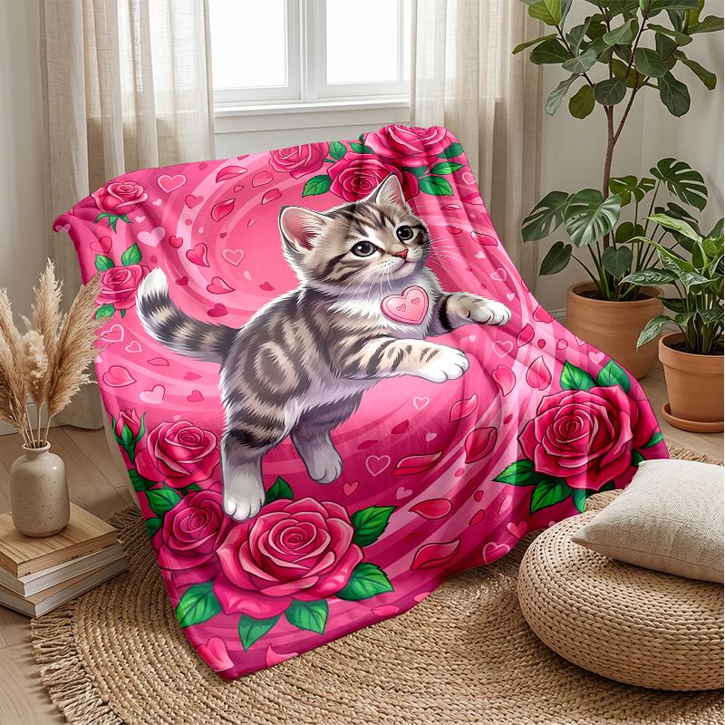 Kitten and Rubber Duck In Waves Theme Blanket Lightweight Warm Flannel Blanket Decorative Throw Blanket for Home Decoration