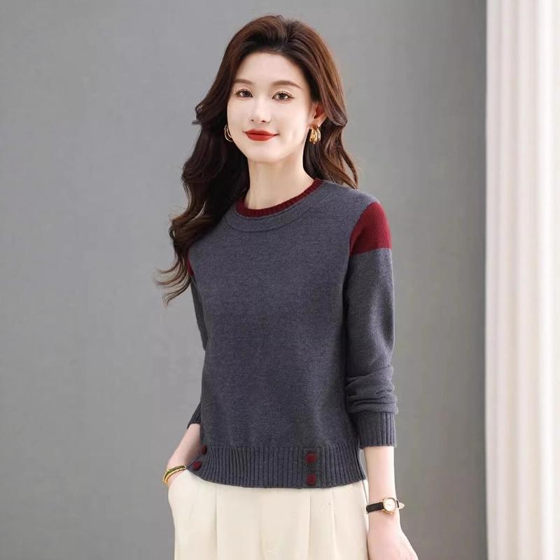 Women's Fashion Sweater Autumn and Spring Color Block Versatile Round Neck Long Sleeve Pullover Elegant Versatile Knitted