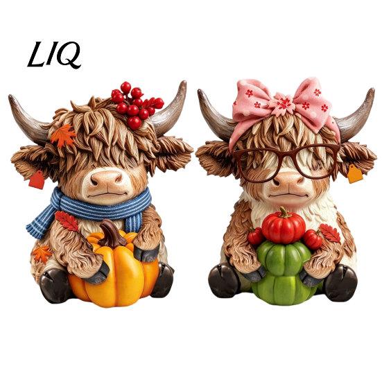 Coastal Style Ornament 2PCS Highland Cow Ornament, Wooden Rustic Figurine, Thanksgiving Handcrafted Wood Theme Art, for Entrance Living Room