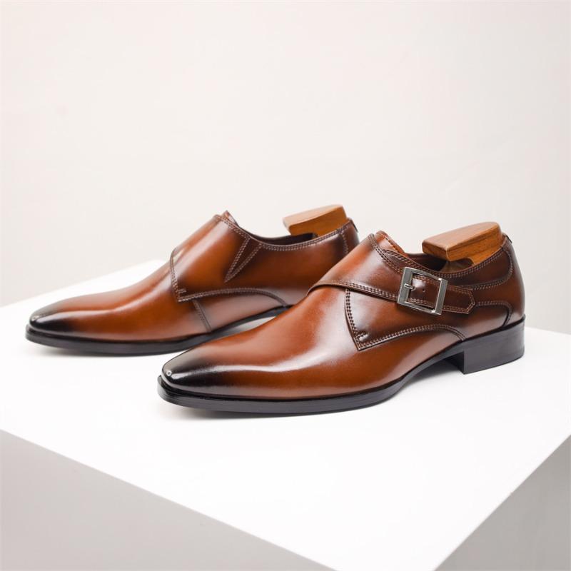 

Large size British Munk shoes square head leather shoes buckle monk men s shoes business dress leather shoes men 44 коричневий
