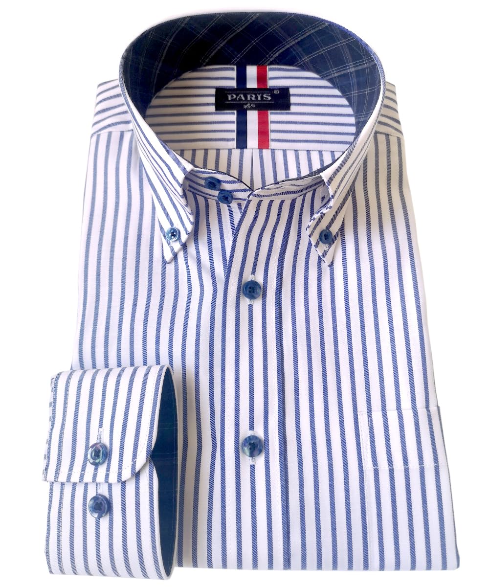 

Paris 16 Men s Long Sleeve Wrinkle-Resistant Button-Down Dress Shirt, Due Bottoni Navy Stripe, Sizes L and H