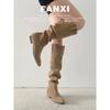 Cowhide version~ retro matte tall western boots women's fat mm big tube circumference thin boots thick heel long tube stacking boots