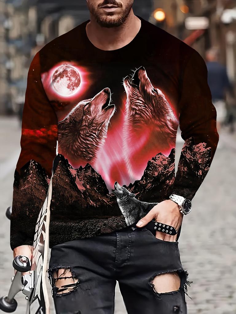Men's Wolf-Themed 3D Digital Printed Long-Sleeve T-Shirt - Casual and Comfortable Crew Neck Pullover
