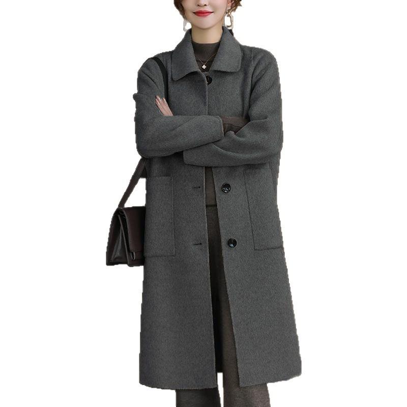 Womens Solid Color Wool Blend Coat Mid-Length Loose Fit Winter Outerwear Elegant Office Style