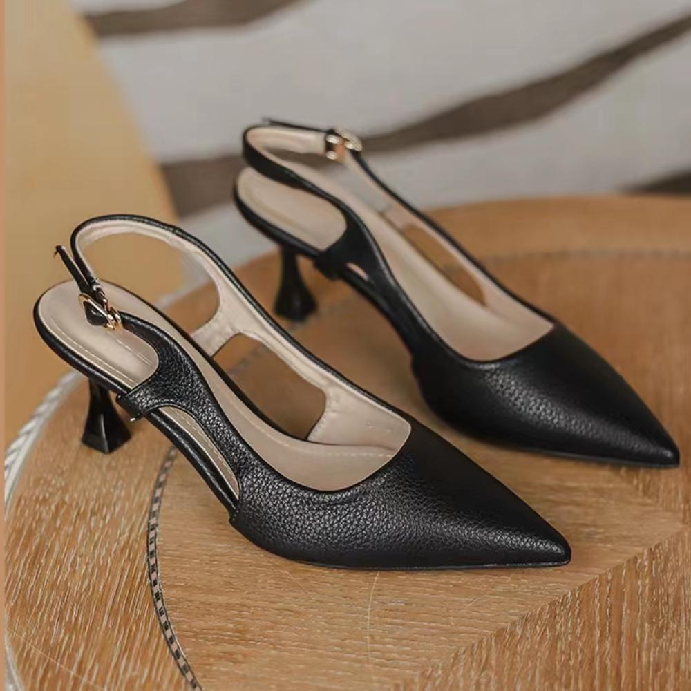 Summer Mid-heel Pointed Toe Single Shoes Leather Toe Sandals Women's Shoes Solid Color Fashion Elegant Single Shoes for Women