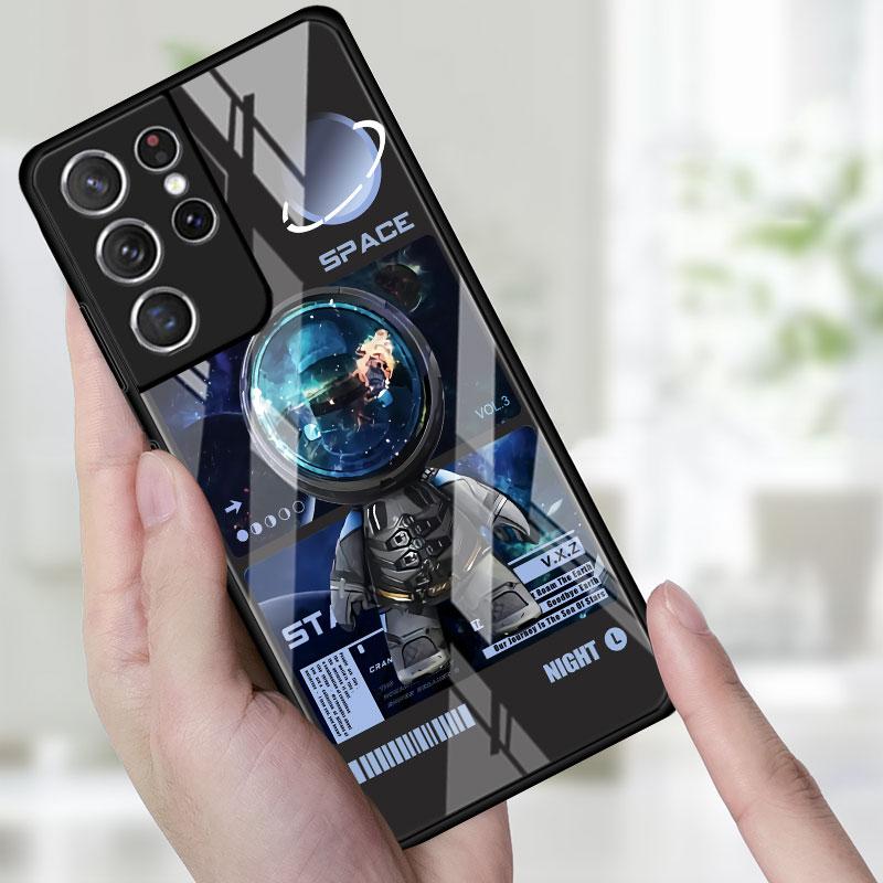 Phone Glass Case For Samsung Galaxy S22 S21 S20 Ultra FE S9 S10 S8 Plus Note 20 10 Lite 9 8 Cover Coque Cute Head Mini Astronaut