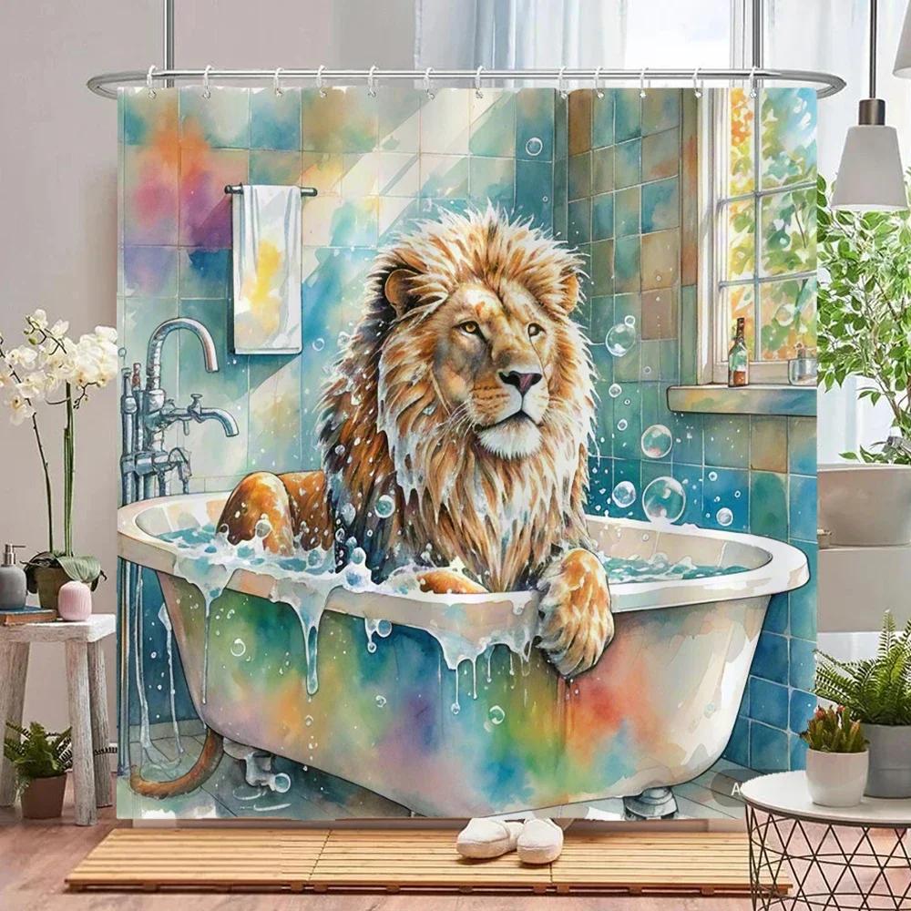 Amusing and creative animal shower curtain waterproof bathroom curtain funny bathing Lion, tiger and bear partition bath curtain