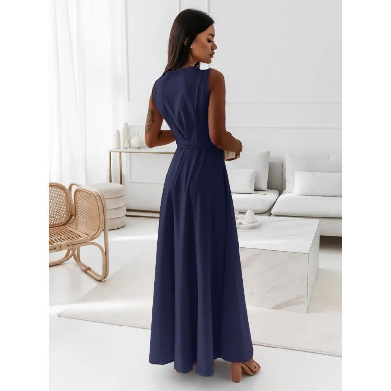 Women's Fashion Summer Spring Solid Color Print Sleeveless V-Neck High Waist Casual Dresses