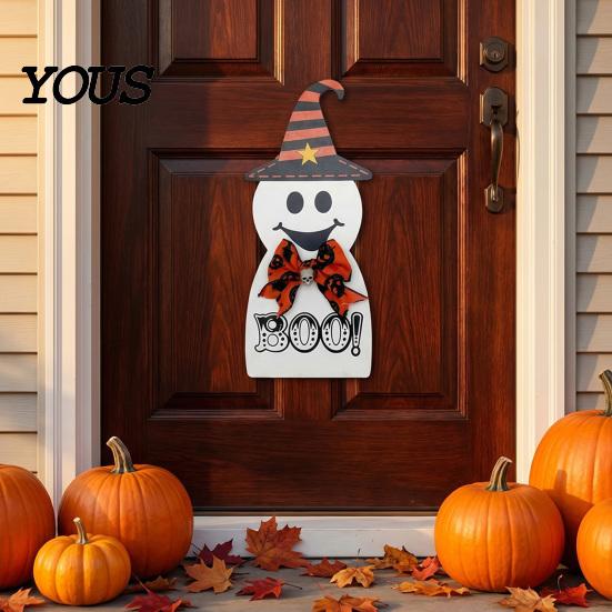 Halloween House Decor Door Sign for Front Door, Wooden Ghost Pumpkin Black Cat Party Supplies Hanger Wreath, Rustic Farmhouse Welcome Porch