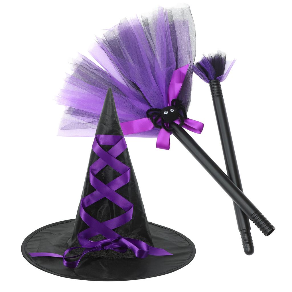 1Set Halloween Witch Hat & Flying Broom Cosplay Costume Props Party Decorations Ghost Festival Atmosphere Dress Up Halloween Hat