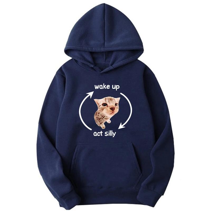 Wake Up Act Silly Meme Graphic Men's Hoodies Funny Cute Cat Printing Casual Sweatshirt Men Women Oversized Pullovers Hoody