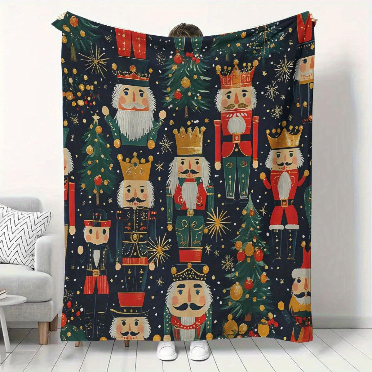 

1pc Vintage Christmas Nutcracker Print Flannel Blanket - Soft and Warm Polyester Knitted Throw for Living Room, Office, Sofa, Ch 70x100cm