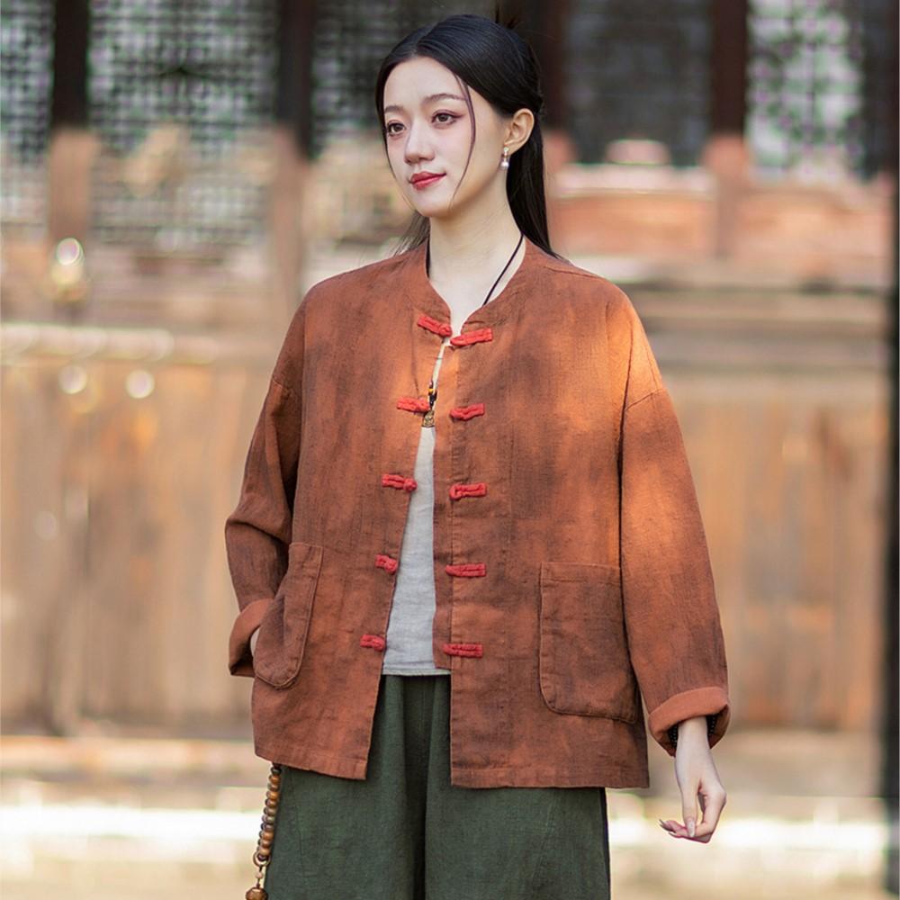 Женские винтажные рубашки топы стойка длинный рукав весна китайский стиль пуговицы высокое качество кардиган блузки One Size оранжевый