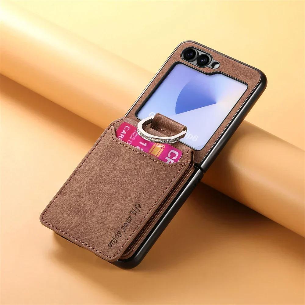 Retro Leather Wallet Phone Case with Ring Bracket for Samsung Galaxy Z Flip 7 Fe 6 5 4 3 Flip6 Flip5 Flip4 5G Cover Card Holder
