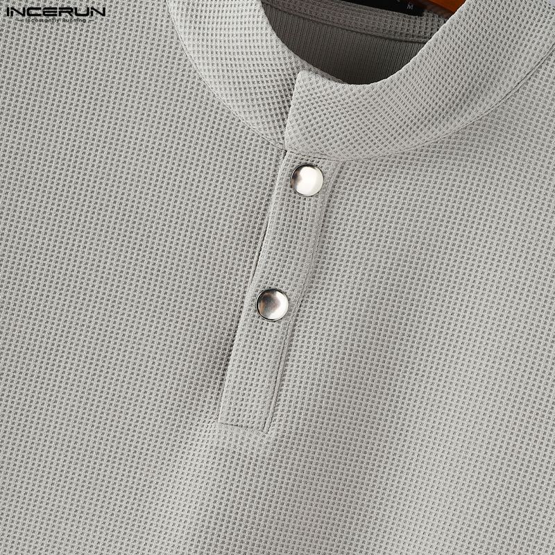 INCERUN Men Stand Neck Short Sleeve Solid Color Waffle Texture Casual Henley T-shirts Tops