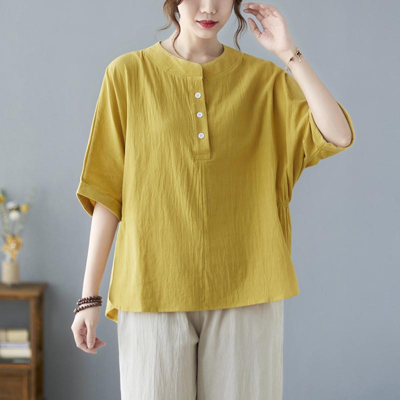 Koszula z bawełny i lnu w jednolitym kolorze, z półotwartym kołnierzykiem i rękawami w kształcie nietoperza, w dużym rozmiarze, damska, letnia koszula literacka