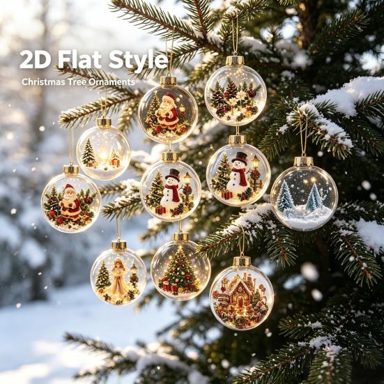 Winter Holiday Party Favors Christmas Advent Calendar, Acrylic 2D Flat Crystal Ball Pendants with Lanyard, Atmosphere Decorations 24 Day Tree Hanging