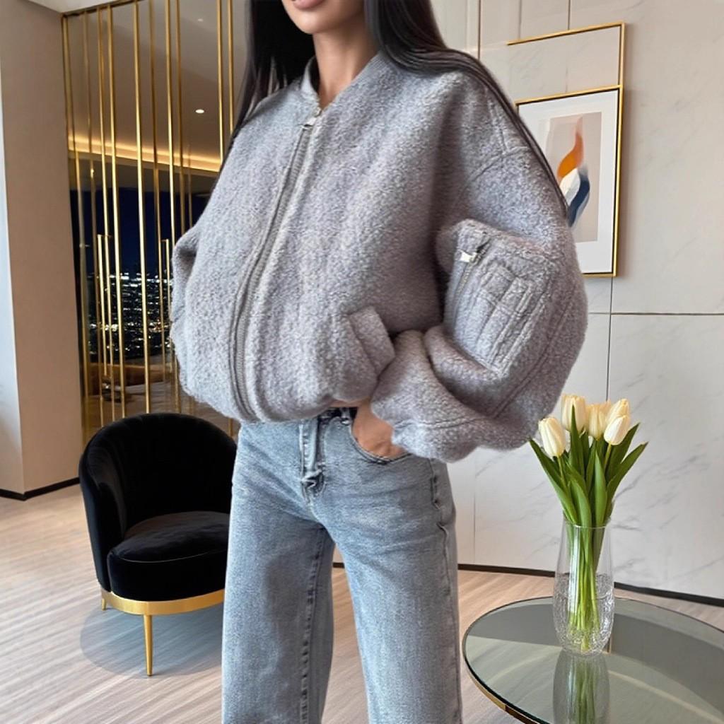 

2025 Европейский и американский новый повседневный флисовый свитер с воротником-стойкой, осенняя женская куртка свободного кроя с длинным рукавом и большим карманом XXL серый