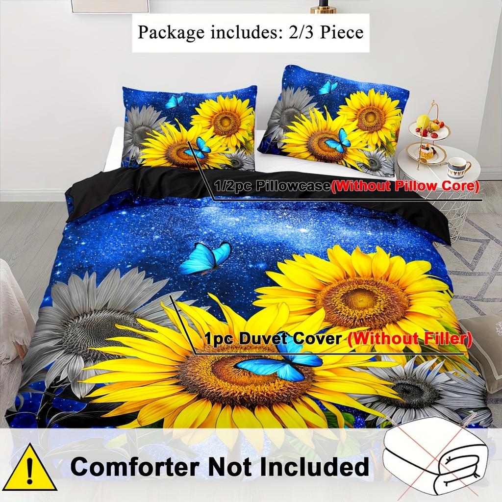 Comforter All-Season Breathable Polyester Sunflower And Butterfly With Zipper Closure Digital Print Floral Sky Pattern