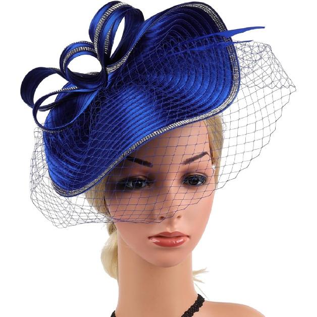 Women’s Fascinator Tea Party Hat Blue Sinamay Headband Cocktail Wedding Veil Elegant Special Occasion Accessory
