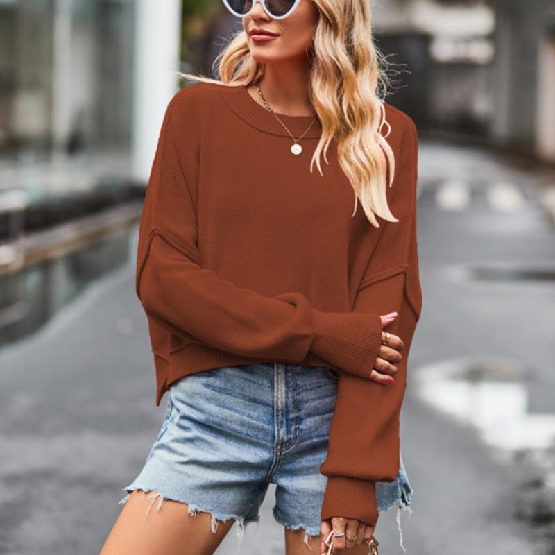 Ladies Autumn Winter Lantern Sleeve Round Collar Pullover Warm Solid Color Knitted Sweater Knitwear Top