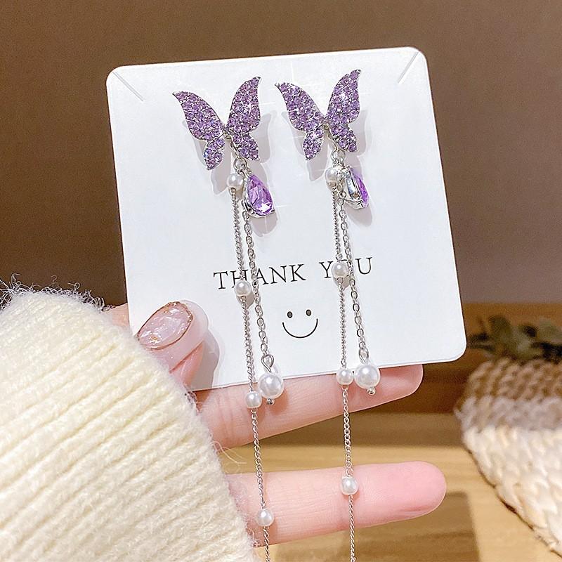 purple rhinestone butterfly tassel earrings for women imitation pearl beads pendants thread long hainging earring brincos