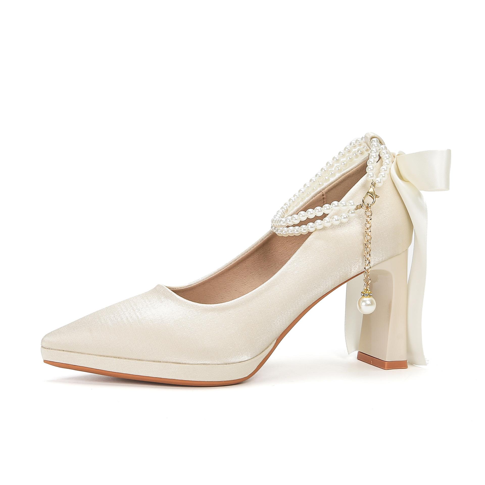 

8066-7 temperament French suede pointed thick heel high heels women s bow pearl waterproof table high heel single shoes 40