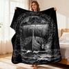 Viking Longship with Runes Black White Engraved Soft Flannel Blanket Dark Norse Style Nautical Decor Throw for Couch Cozy Fleece F