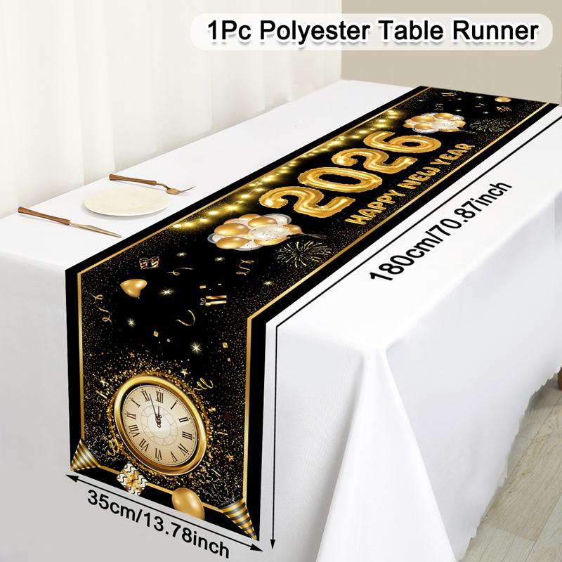 2026 Happy New Year Table Runner Fireworks Champagne Polyester Table Cover For New Year Party Kitchen Dining Table Decorations