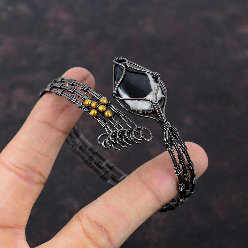 Moroccan Mud Crack Fossil Cuff Bracelet Copper Wire Wrapped Adjustable Bangle Handmade Copper Wire Wrapped Jewelry Gemstone Bangle For Gift