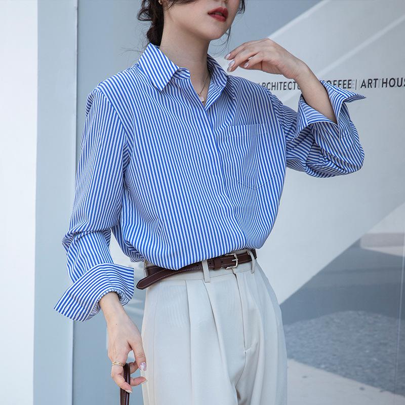 Spring 2025 Women's Casual Blue-Striped Long-Sleeve Shirt
