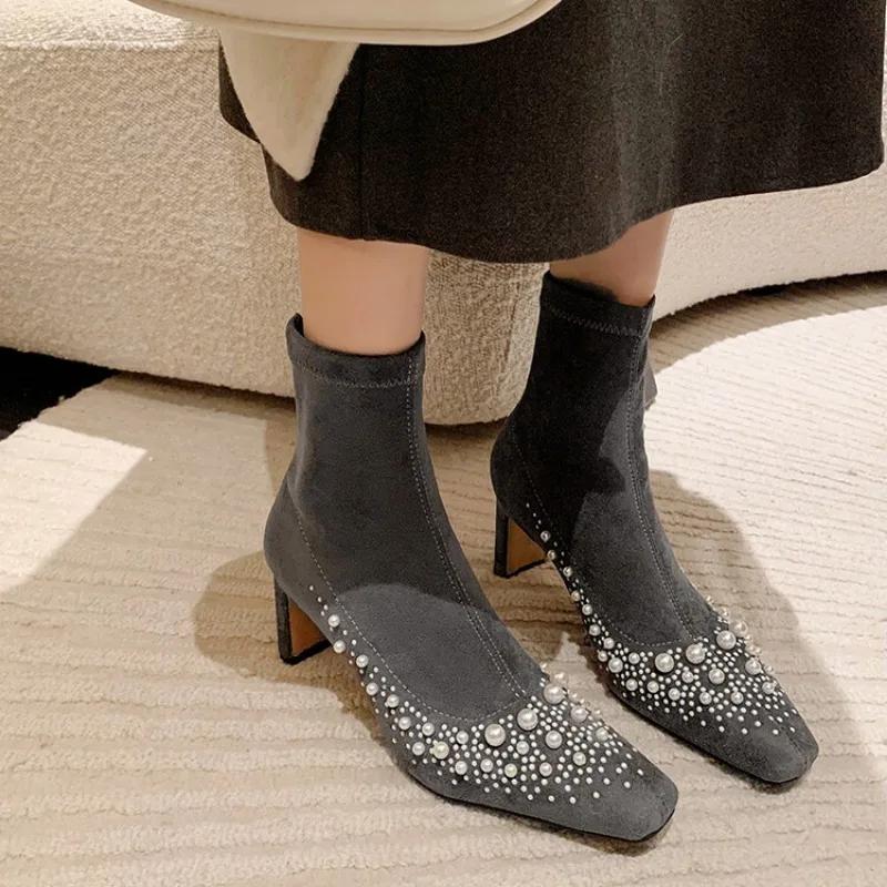 Fashion New Cowhide/suede 6.5cm High Heel Elastic Slimming Boots Autumn Winter Women Pearl/Rivet Style Fashion Ankle Boots Size 34-42