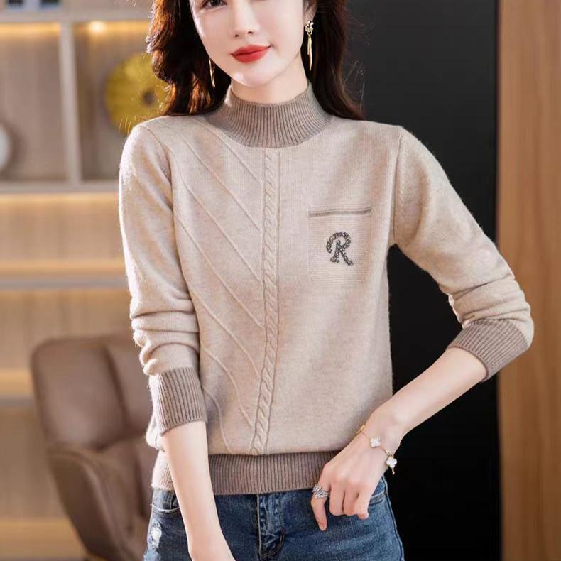 Half Turtleneck Sweater Thick Long-sleeved Knitted Sweater for Women In Autumn and Winter Loose Color-blocked Pullover