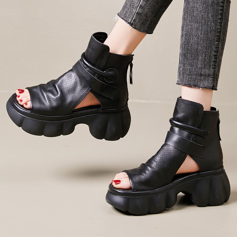 Fashion GKTINOO  Ladies Sandals 2025 New Spring Retro Women Shoes Genuine Leather Zip Flat With Sewing Handmade Platform Sandals