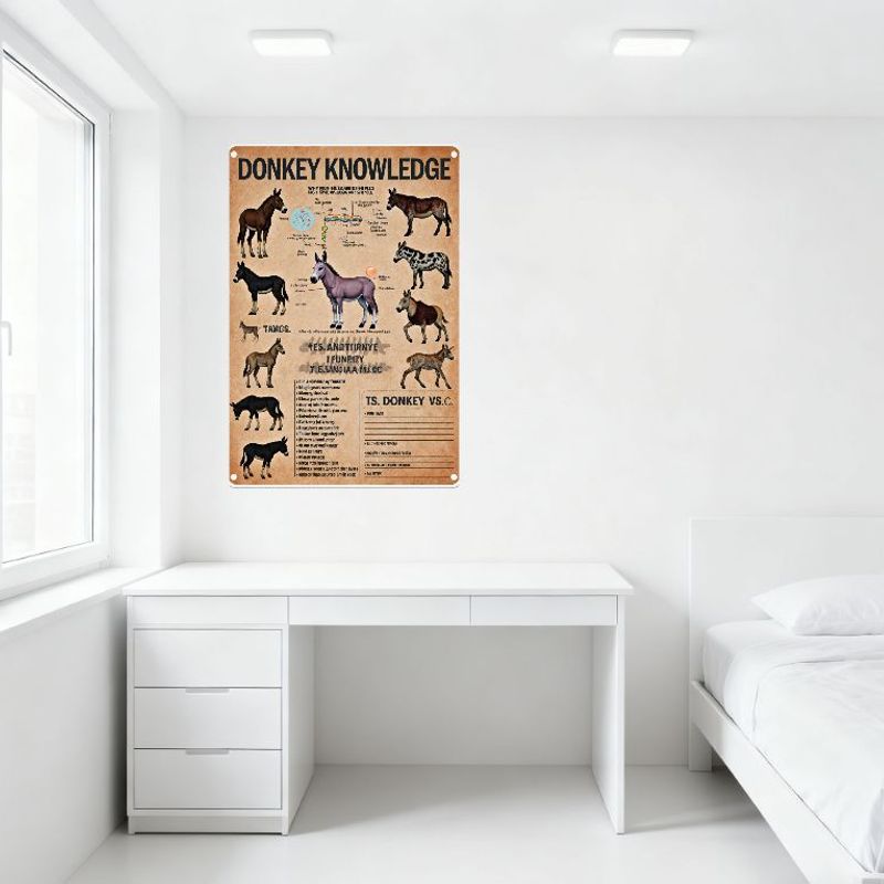 Vintage 'Donkey Knowledge' Educational Metal Tin Sign - Equine Species Comparison, Old Zoological Print Wall Decor for Home/Bar/