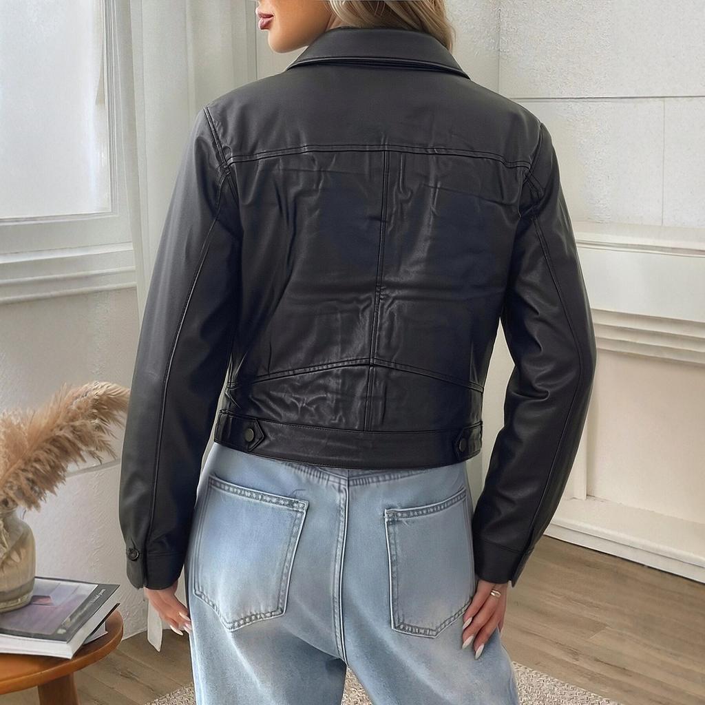 Cross-border New European and American Style Women's Short PU Leather Jacket, Fashionable Stand-collar Versatile Motorcycle Jacket, Spring/autumn Styl