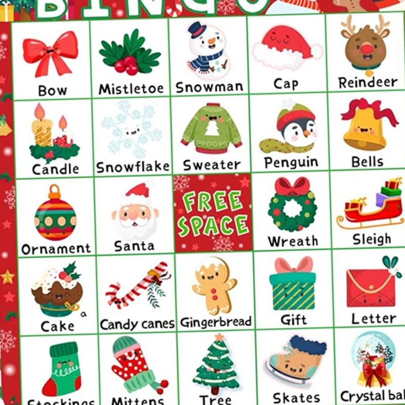 Festliche Familien-Bingo-Spielkarten für 24 Spieler Komplettes Set mit 33 strapazierfähigen Teilen Unterhaltung für die Feiertagsparty