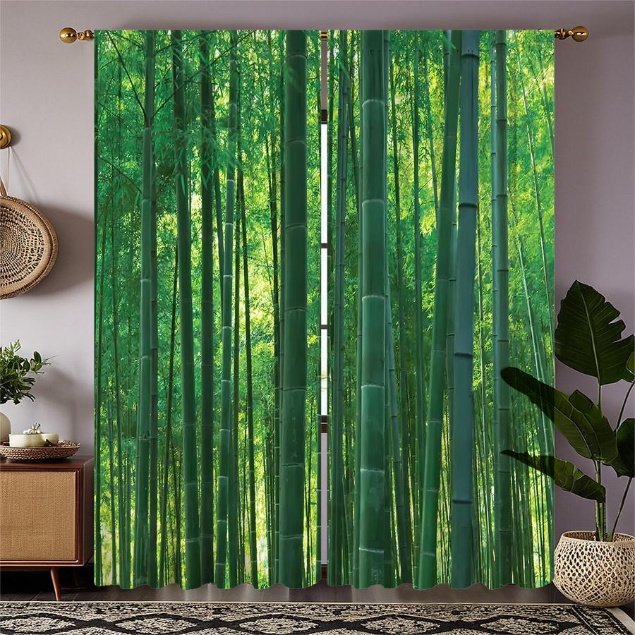 2 Stück Vorhänge mit grünem Bambuswald-Druck, Stangentaschenvorhänge, Schlafzimmer und Wohnzimmer, Heimdekoration, Raumdekoration