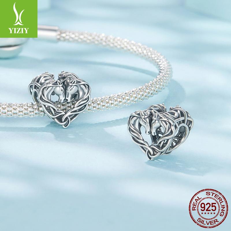 Double Horse Celtic Knot Beads Loose Beads Vintage Animal Love Pony S925 Sterling Silver Beads