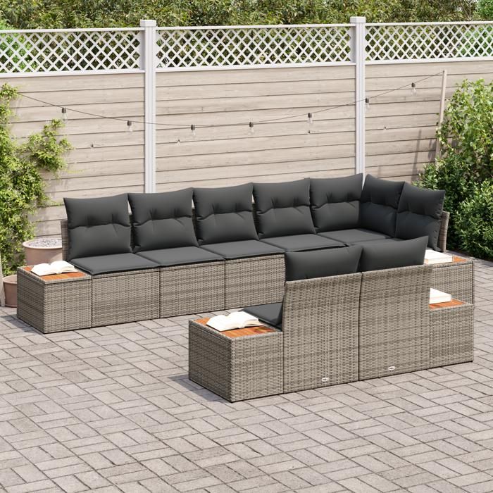 VidaXL Ensemble de 8 Canapés de Jardin avec Coussins Gris Poly Rattan Acacia 3348110
