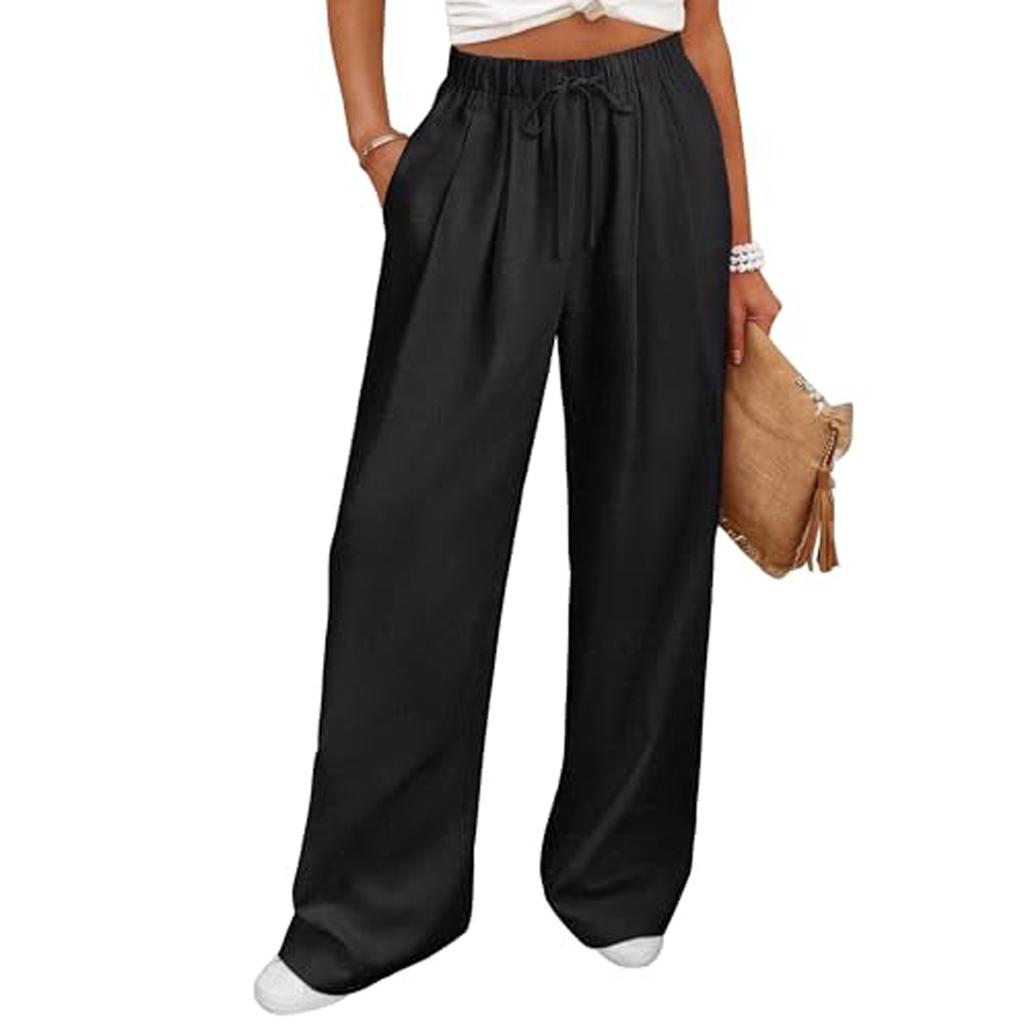 Damen Elastische Hose mit Hohem Bund Lässige Passform Weites Bein Lange Hose Hose mit Taschen