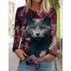 2024 Fashion Design Women's T shirts 3D Print Kawaii Cat Graphics Long Sleeve Crew Neck Regular Fit Spring/Fall Funny Sportwears