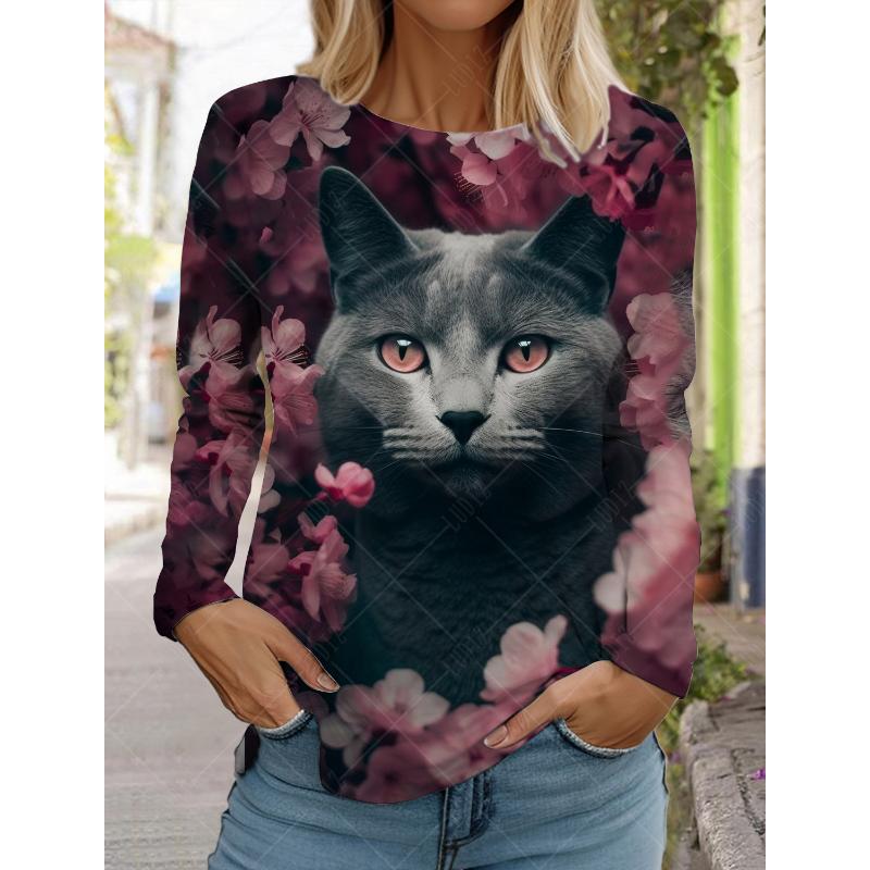 2024 Fashion Design Women's T shirts 3D Print Kawaii Cat Graphics Long Sleeve Crew Neck Regular Fit Spring/Fall Funny Sportwears